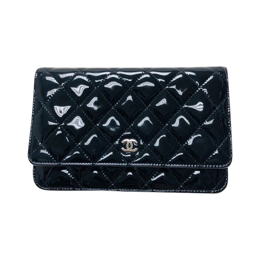 Wallet on Chain WOC with SHW in Black Quilted Patent Leather