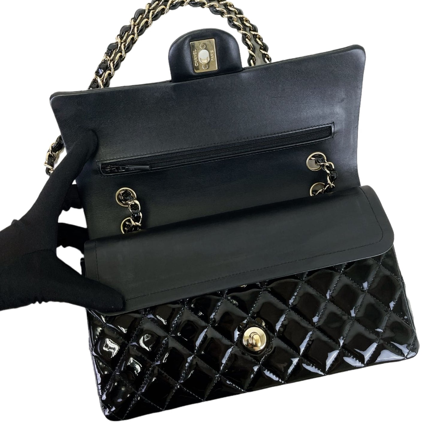 Medium Classic Double Flap Patent Black GHW