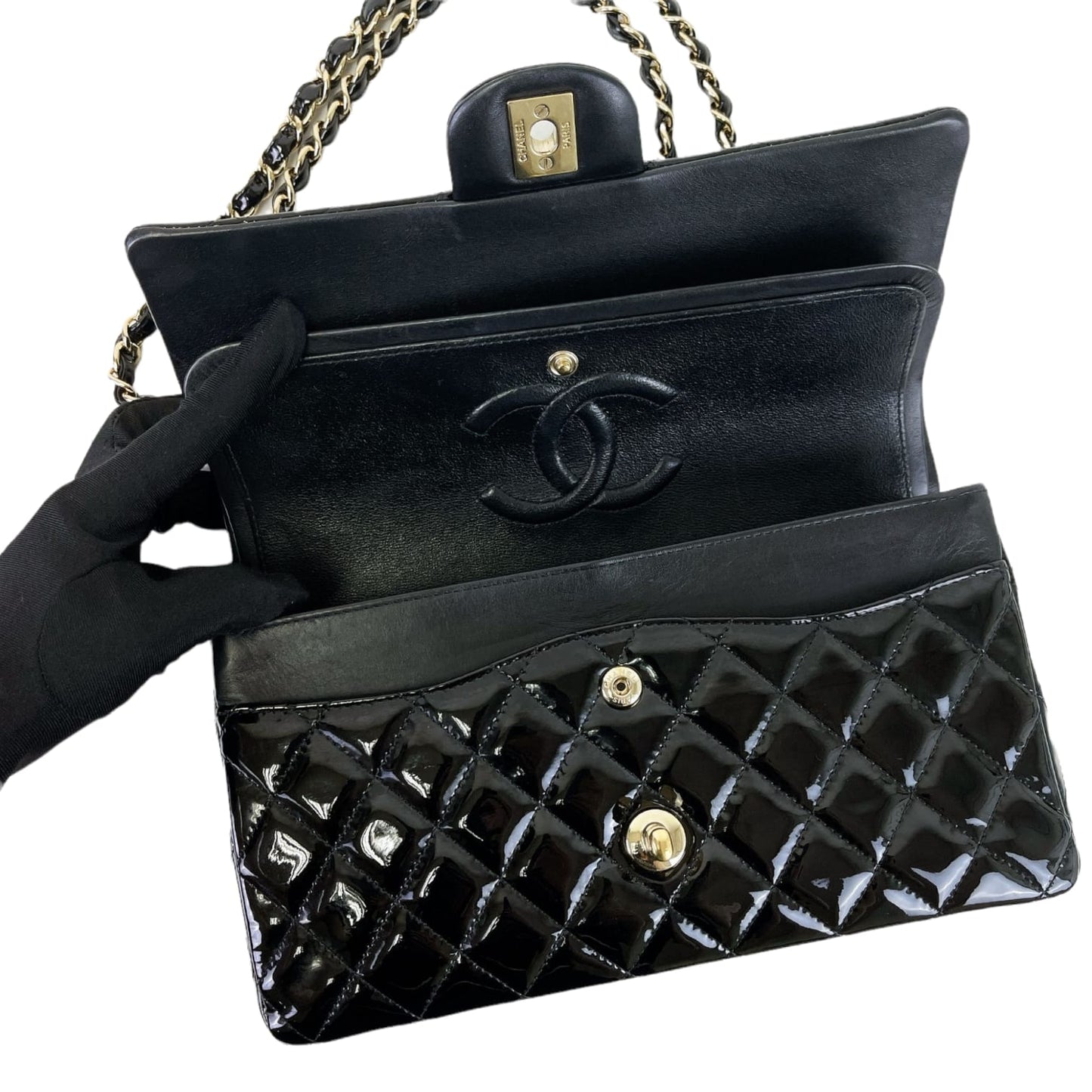 Medium Classic Double Flap Patent Black GHW