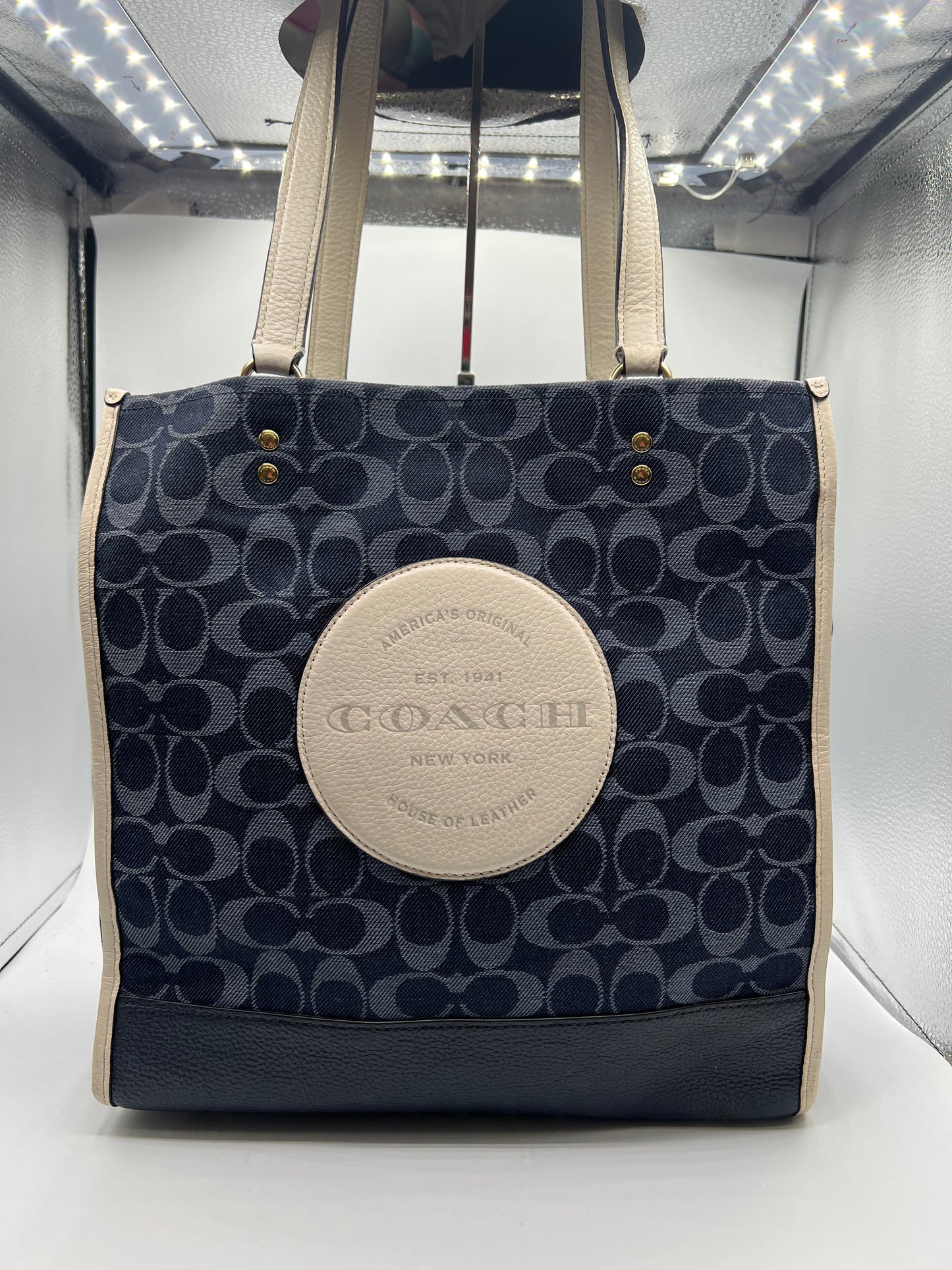 HANDBAG DESIGNER by COACH In BLUE & CREAM, Size: LARGE