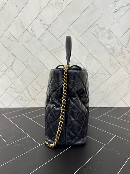 Chanel Navy Blue Quilted Lambskin Leather Goldbar Tote