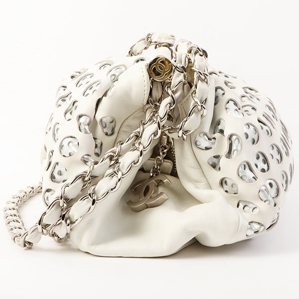 Chanel Around 2007 Made Dotted Cutout Design Cc Mark Charm Chain Shoulder Bag White/Silver