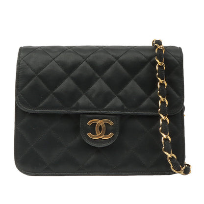 Chanel Around 1985~1990 Silk Satin Cc Mark Plate Straight Flap Chain Bag Black