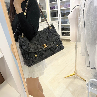 Chanel Maxi Flapbag in Black Washed Denim and AGHW (Model: AS5727)