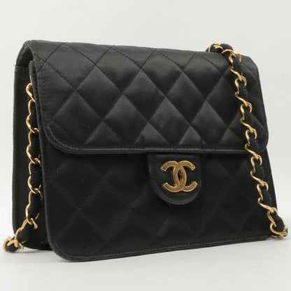 Chanel Around 1985~1990 Silk Satin Cc Mark Plate Straight Flap Chain Bag Black