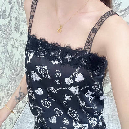 Chanel 25B Camisole Top in Black Silk with White Prints Sz 38