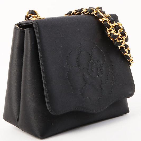 Chanel Around 1996 Made Satin Camellia Cc Mark Stitch Chain Shoulder Bag Black