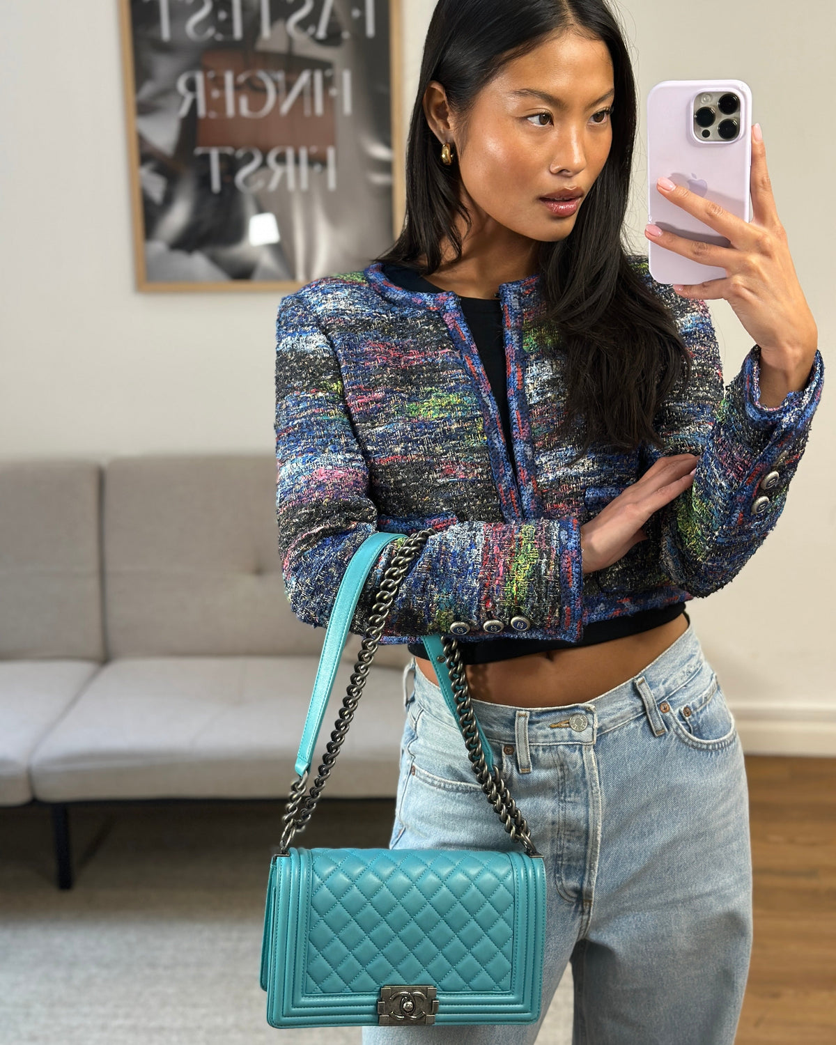 *FIRE PRICE* Chanel Teal Medium Boy Bag in Lambskin Leather with Ruthenium Hardware