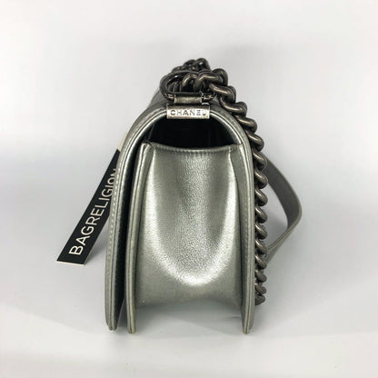 Silver Lambskin Boy Old Medium With Ruthenium Hardware