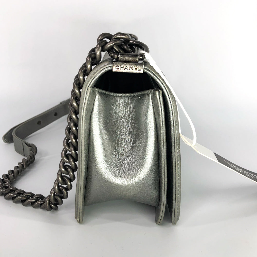 Silver Lambskin Boy Old Medium With Ruthenium Hardware