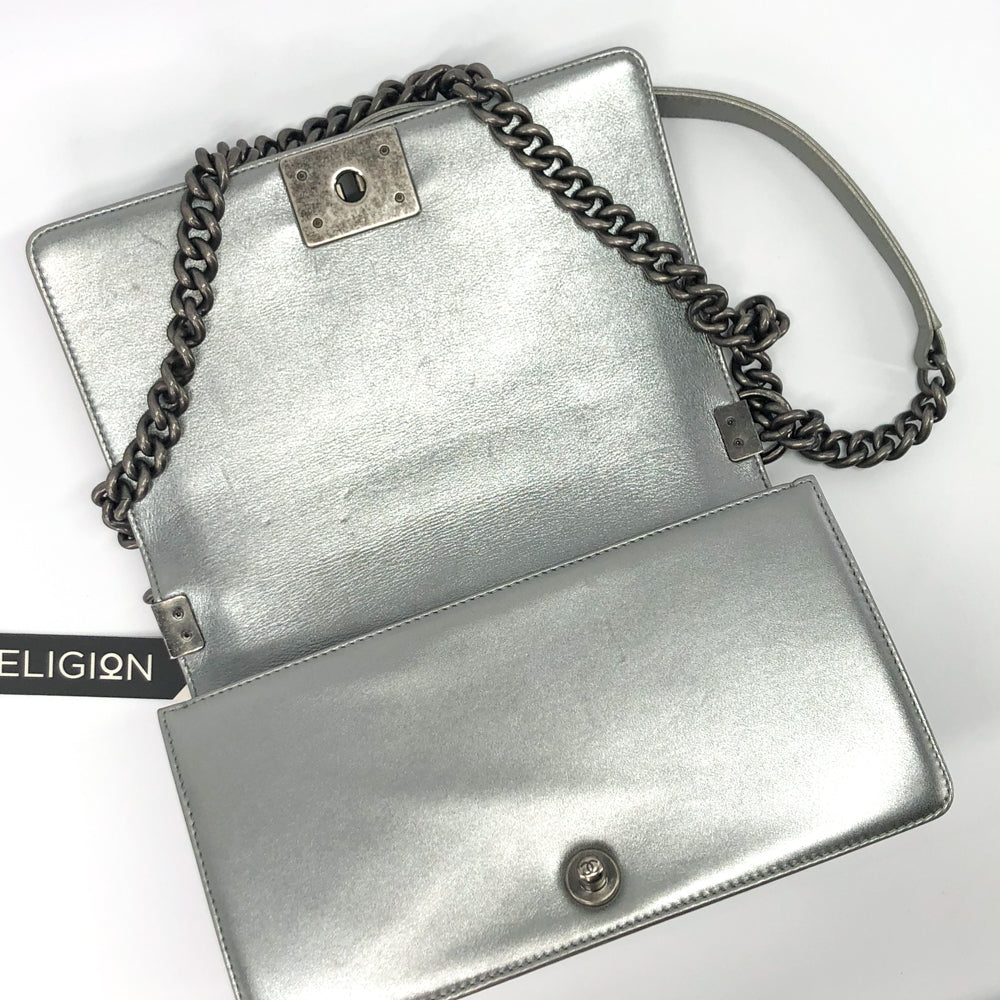 Silver Lambskin Boy Old Medium With Ruthenium Hardware