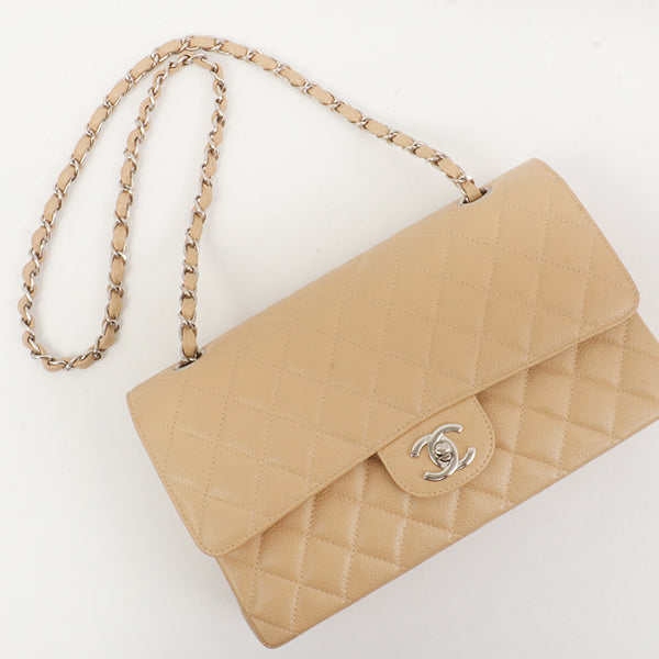 Chanel Around 1998 Made Caviar Skin Classic Flap Chain Bag 25Cm Beige/Silver