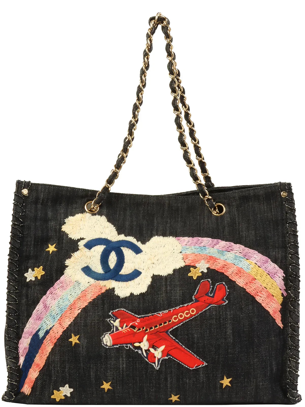 Chanel Around  Made Denim Airplane Cc Mark Embroidered Chain Tote Bag Indigo