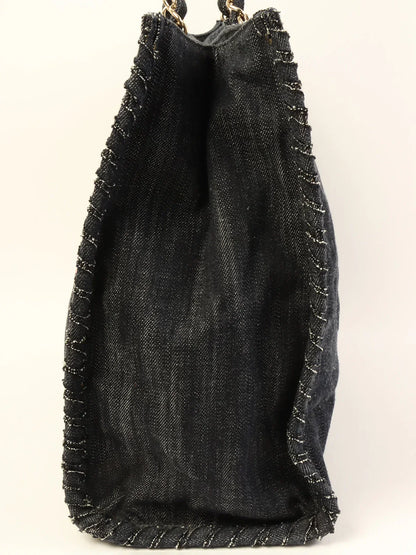 Chanel Around  Made Denim Airplane Cc Mark Embroidered Chain Tote Bag Indigo