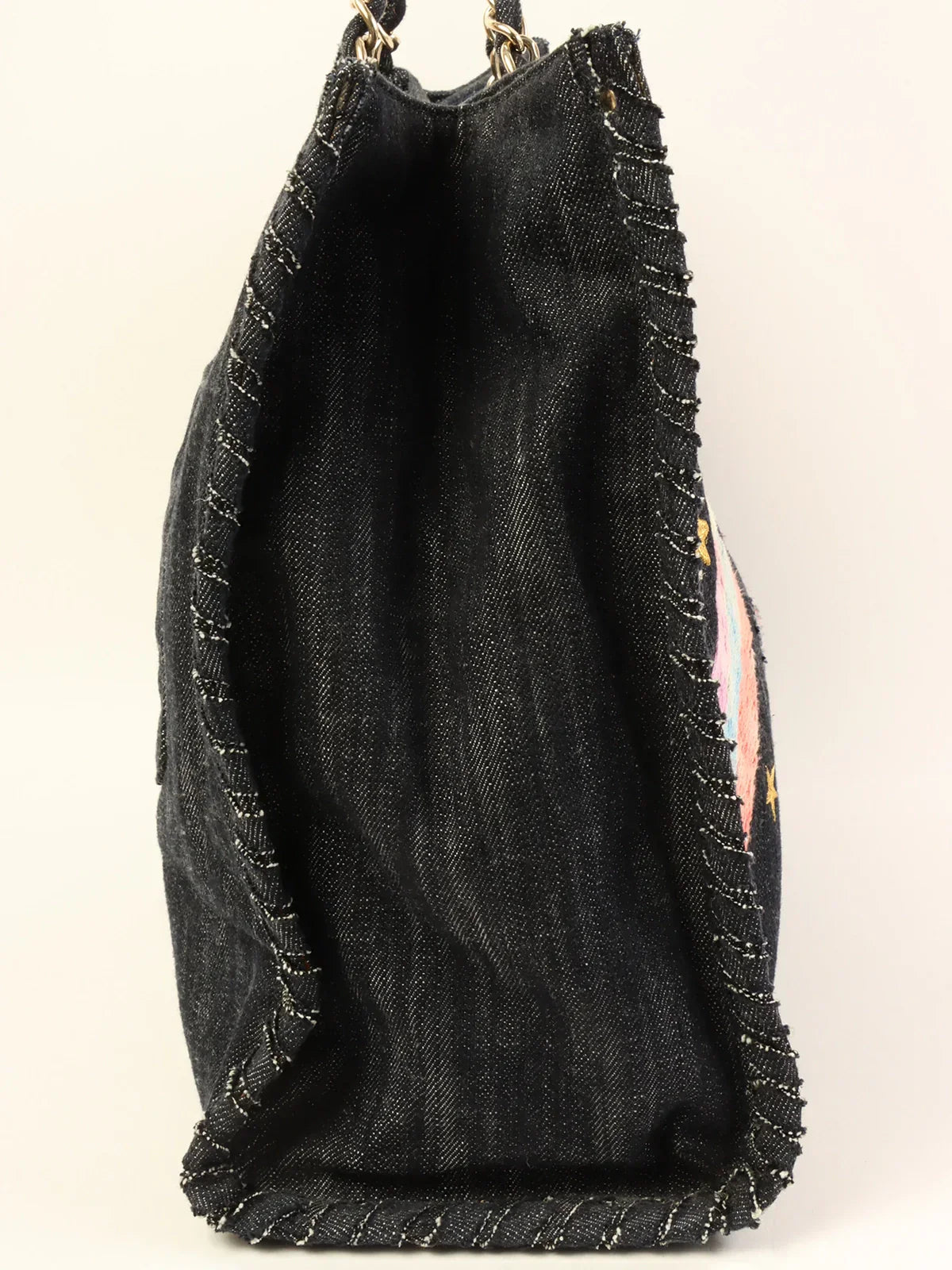 Chanel Around  Made Denim Airplane Cc Mark Embroidered Chain Tote Bag Indigo