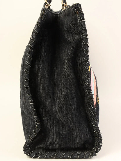 Chanel Around  Made Denim Airplane Cc Mark Embroidered Chain Tote Bag Indigo