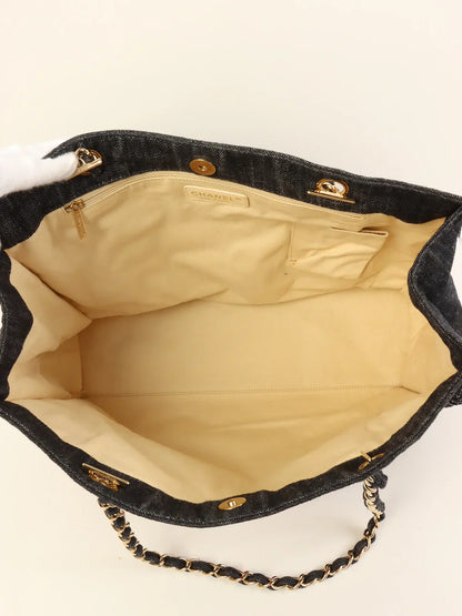 Chanel Around  Made Denim Airplane Cc Mark Embroidered Chain Tote Bag Indigo