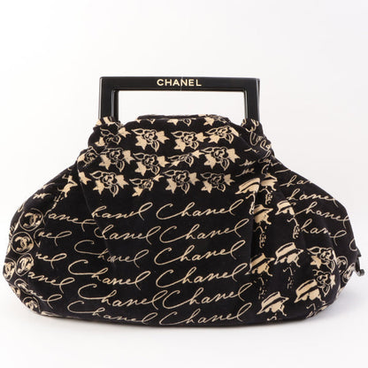 Chanel Around 2006 Made Velvet Camellia Mademoiselle Pattern Handle Bag Black/ Ivory
