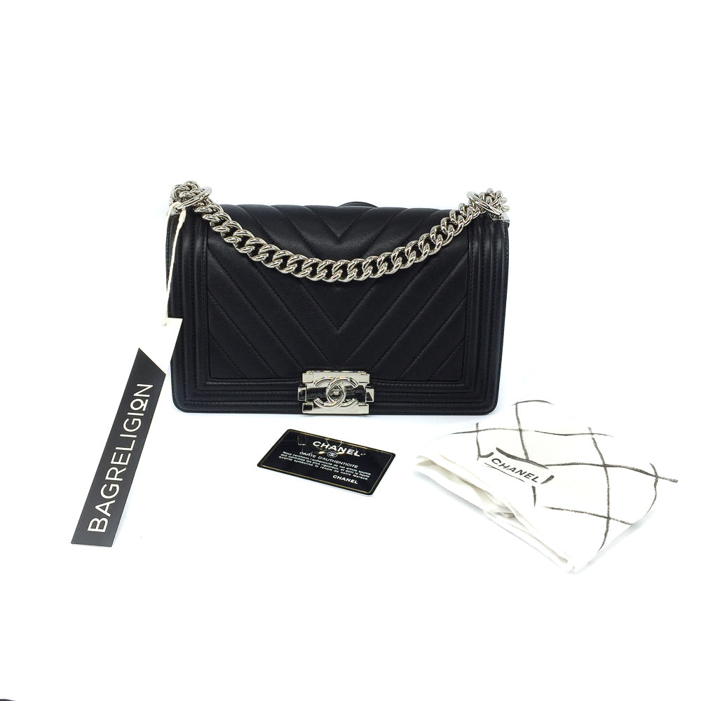 Le Boy Chevron Calfskin Flap Bag with Shiny Silver Hardware