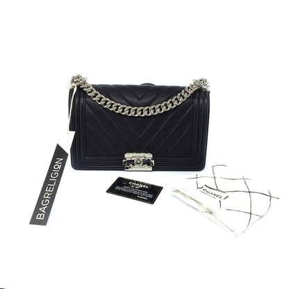 Le Boy Chevron Calfskin Flap Bag with Shiny Silver Hardware
