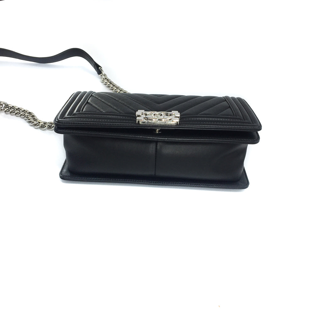 Le Boy Chevron Calfskin Flap Bag with Shiny Silver Hardware