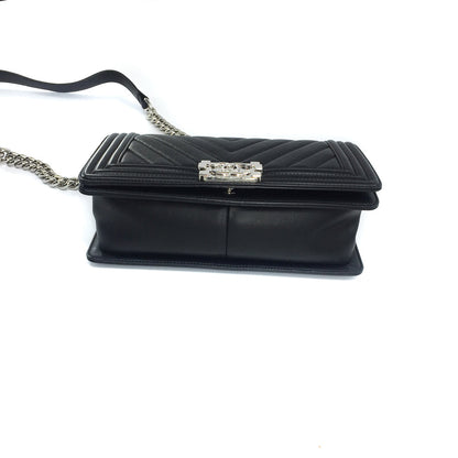 Le Boy Chevron Calfskin Flap Bag with Shiny Silver Hardware