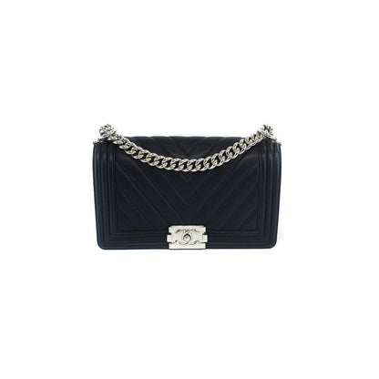 Le Boy Chevron Calfskin Flap Bag with Shiny Silver Hardware