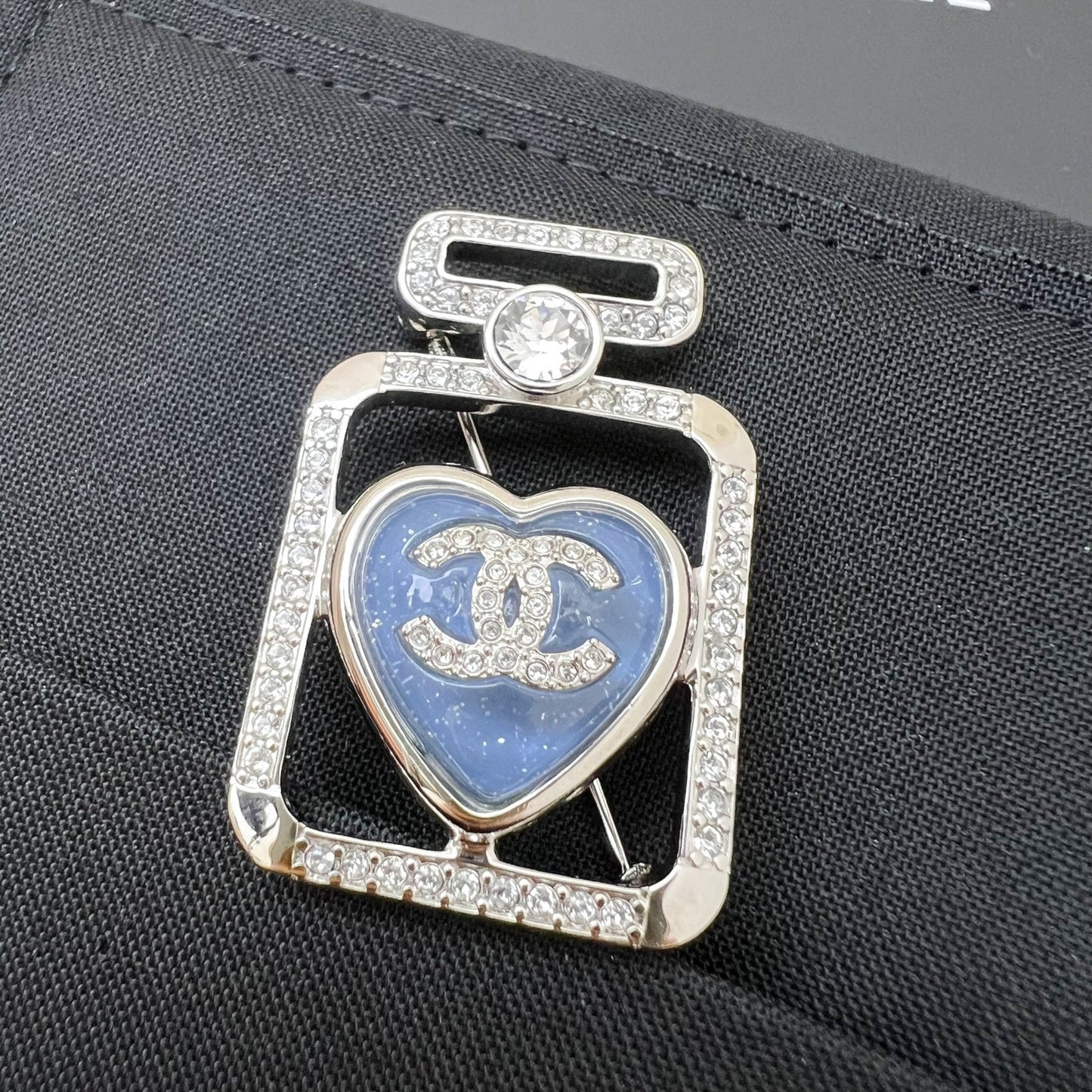 Chanel 25P Perfume Bottle Brooch with Denim Detail and Crystals in SHW