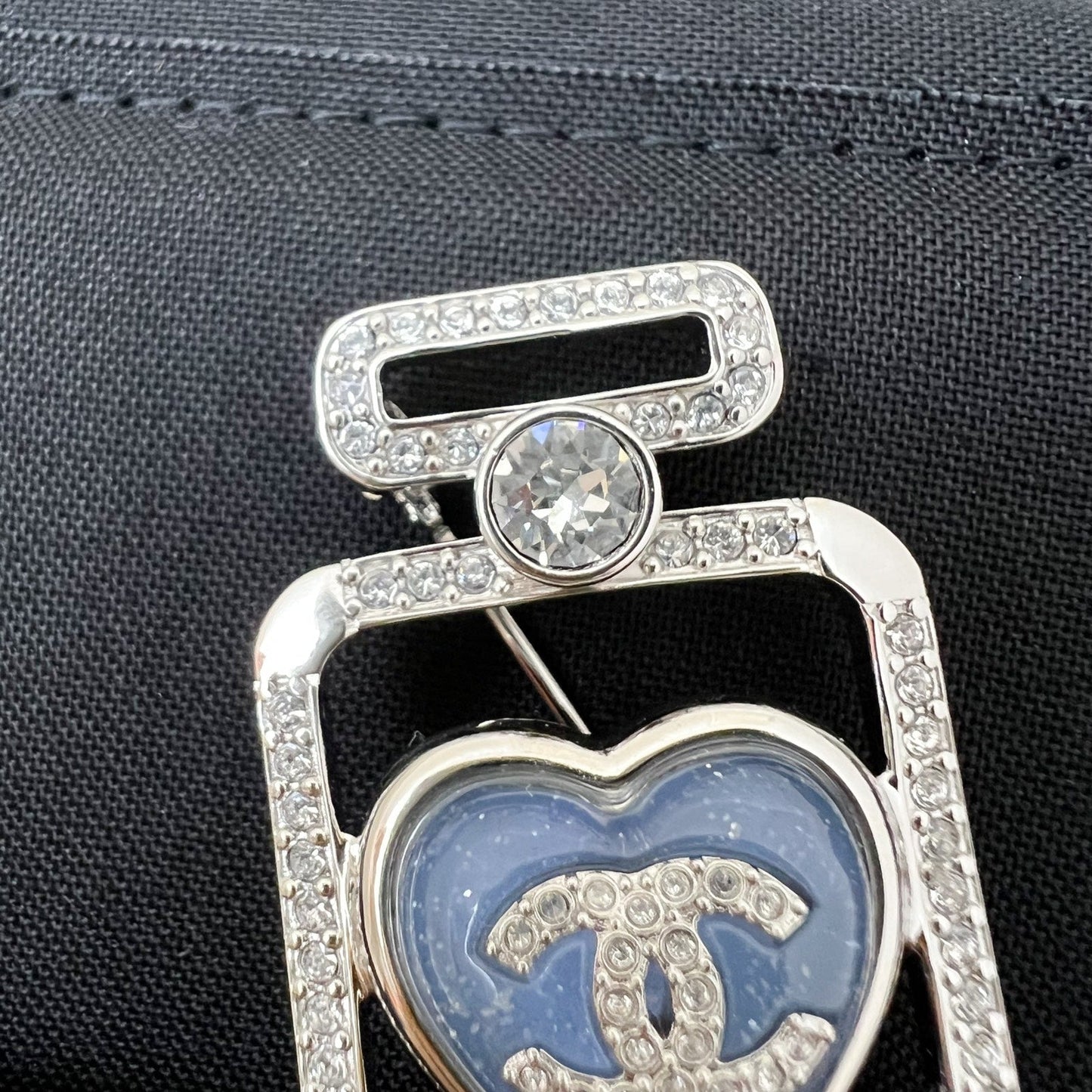 Chanel 25P Perfume Bottle Brooch with Denim Detail and Crystals in SHW