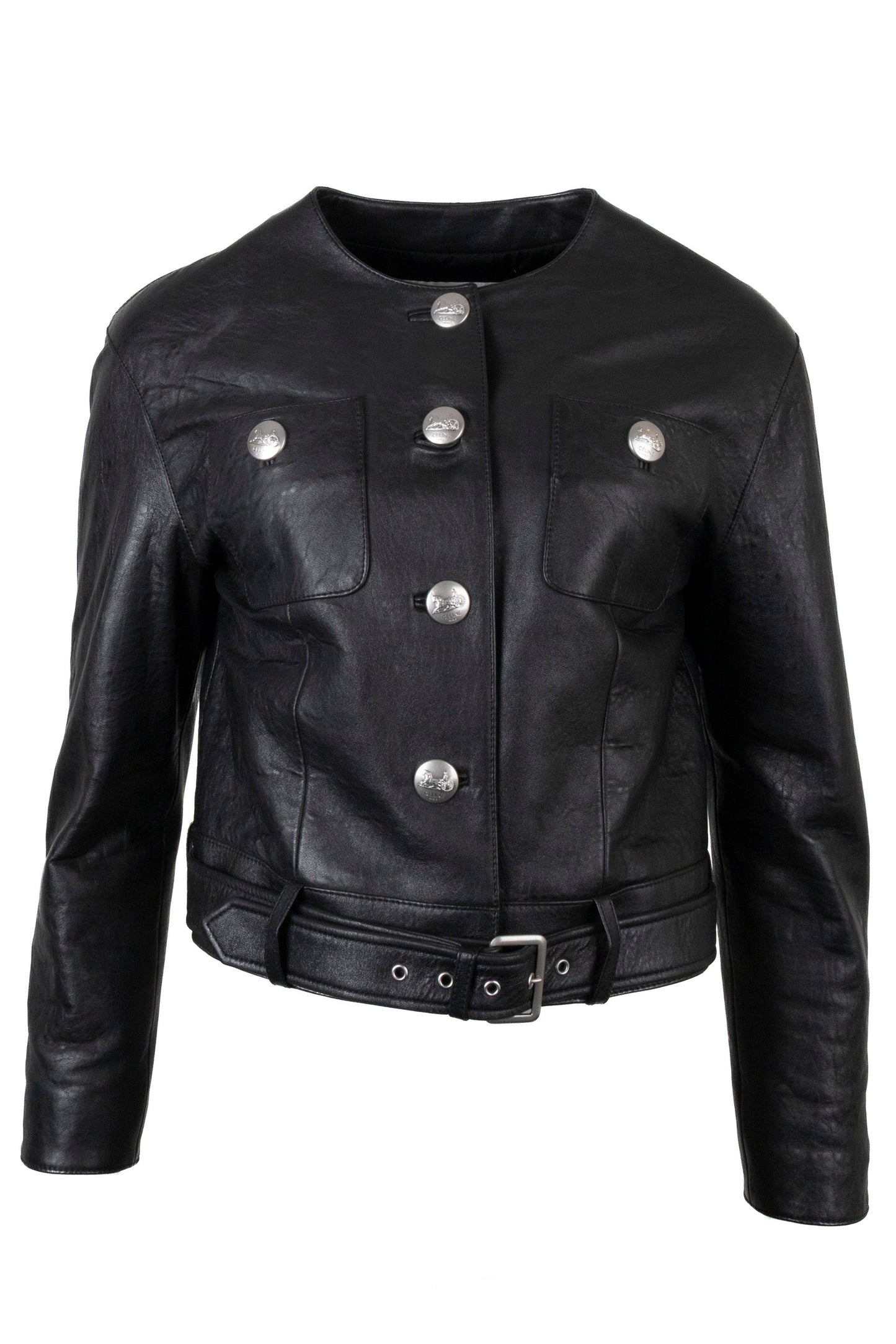 CELINE Belted Biker Leather Jacket Black Structured Leather