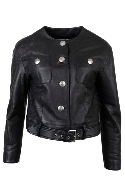 CELINE Belted Biker Leather Jacket Black Structured Leather