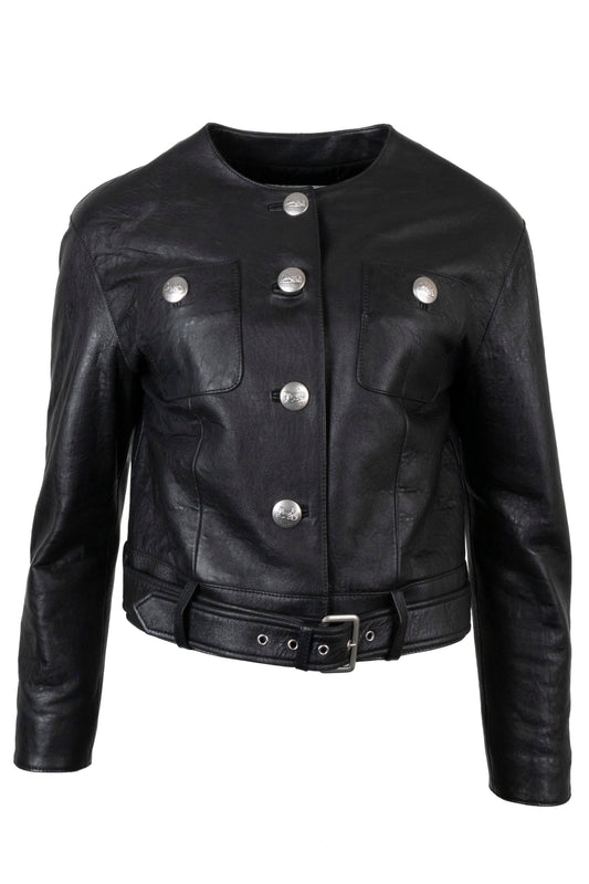 CELINE Belted Biker Leather Jacket Black Structured Leather