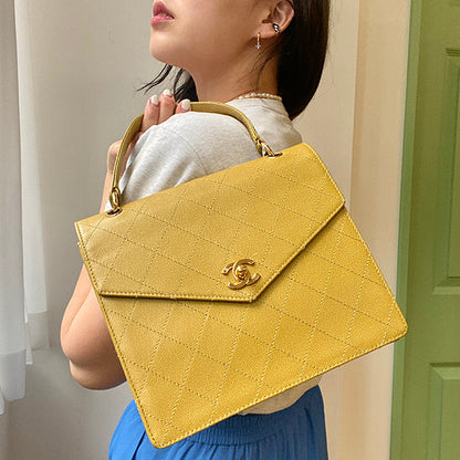 Chanel Around 1998 Made Soft Caviar Skin Turn-Lock Handbag Lime Yellow