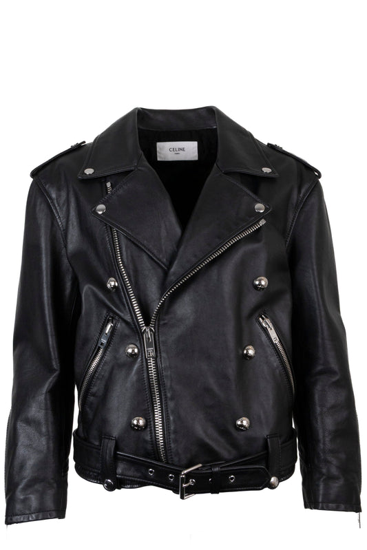 CELINE Triomphe Button Belted Biker Leather Jacket Black