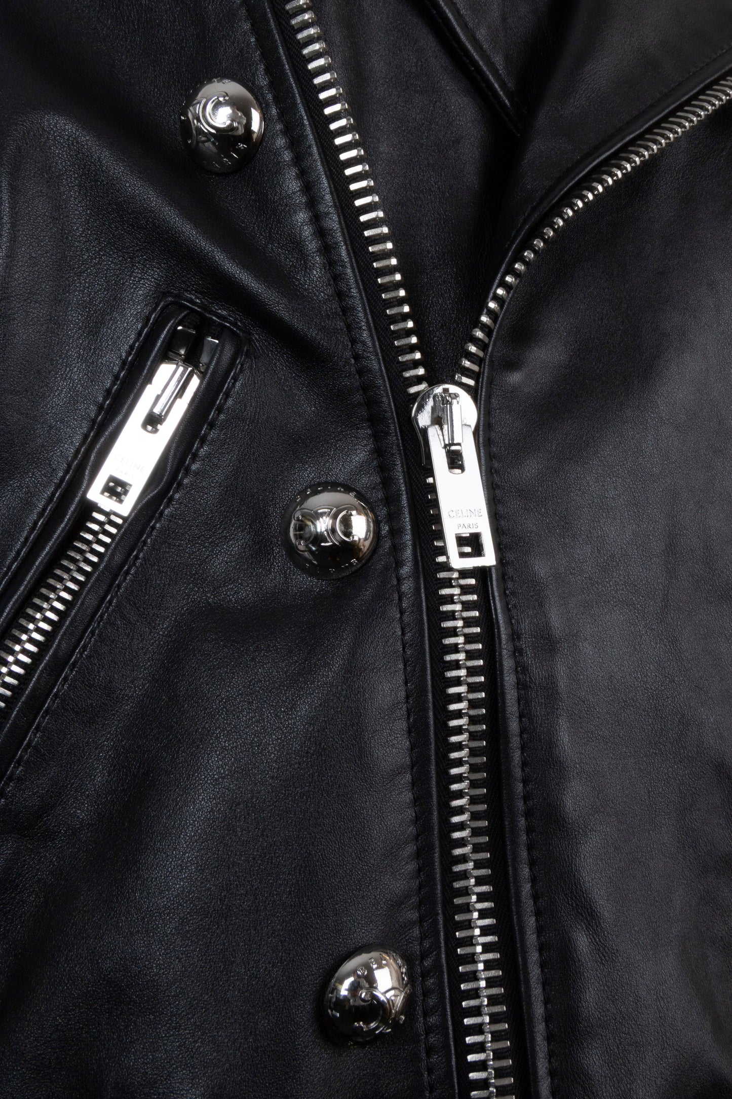 CELINE Triomphe Button Belted Biker Leather Jacket Black