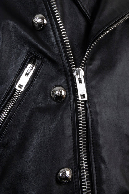 CELINE Triomphe Button Belted Biker Leather Jacket Black