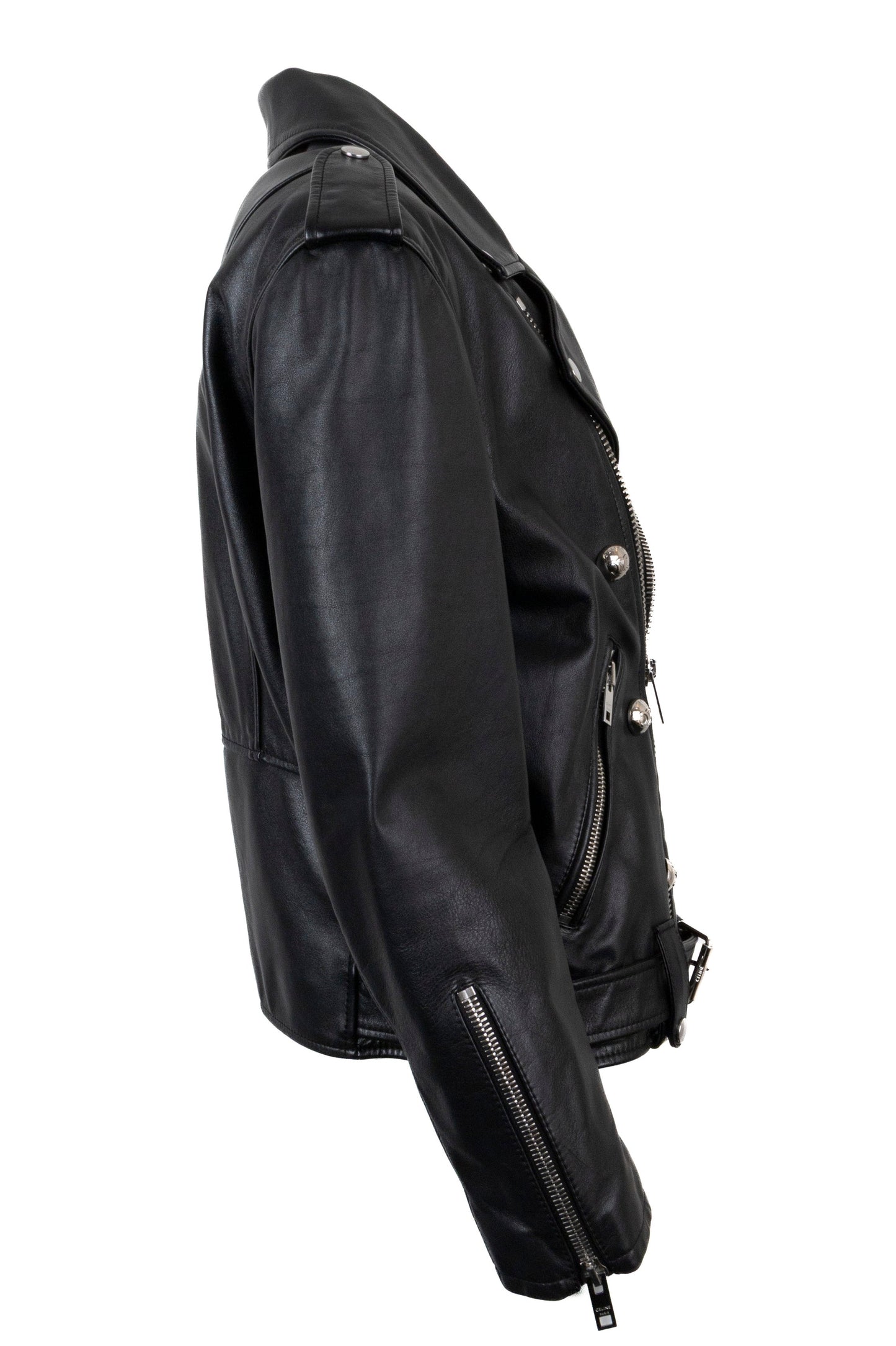CELINE Triomphe Button Belted Biker Leather Jacket Black
