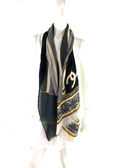 CHANEL Black Gray Cashmere Rectangular Fringe Scarf
