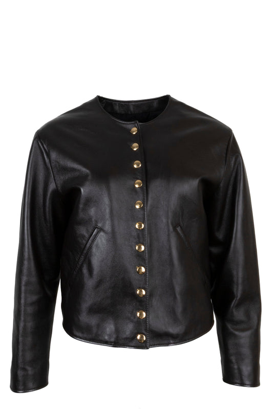 CELINE Gold Buttoned Leather Jacket Brown