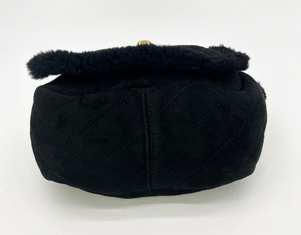 Chanel Black Suede Shearling Small Accordion Flap Bag