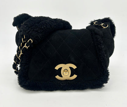 Chanel Black Suede Shearling Small Accordion Flap Bag