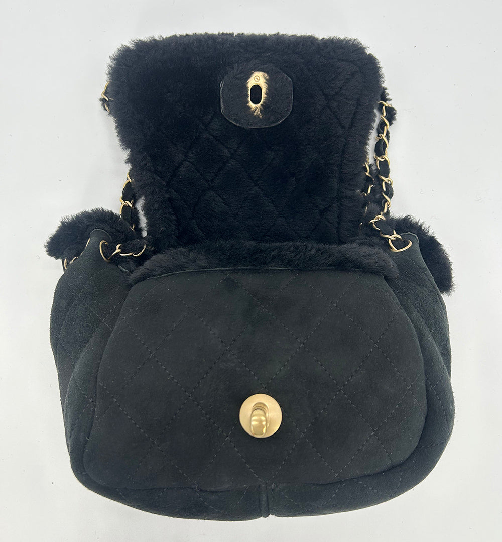 Chanel Black Suede Shearling Small Accordion Flap Bag