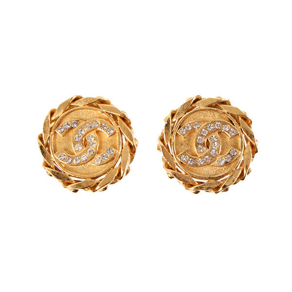 CHANEL 1988 Made Rhinestone Cc Mark Chain Edge Design Earrings