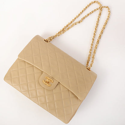 CHANEL Around 1990 Made Big Square Classic Flap Chain Bag Beige