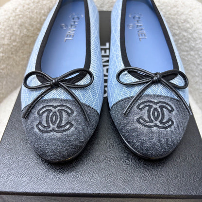 Chanel Classic Ballerina Pumps in Embroidered Light Blue Denim / Black Gosgrain Sz 37.5