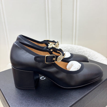 Chanel 24A Mary Janes with Gold Charms and Buckle in Black Lambskin and AGHW Sz 37.5