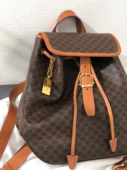 CELINE Macadam Front Belt Logo Charm PVC Leather Bag Pack Rucksack Brown Vintage Old Celine nmhrrj