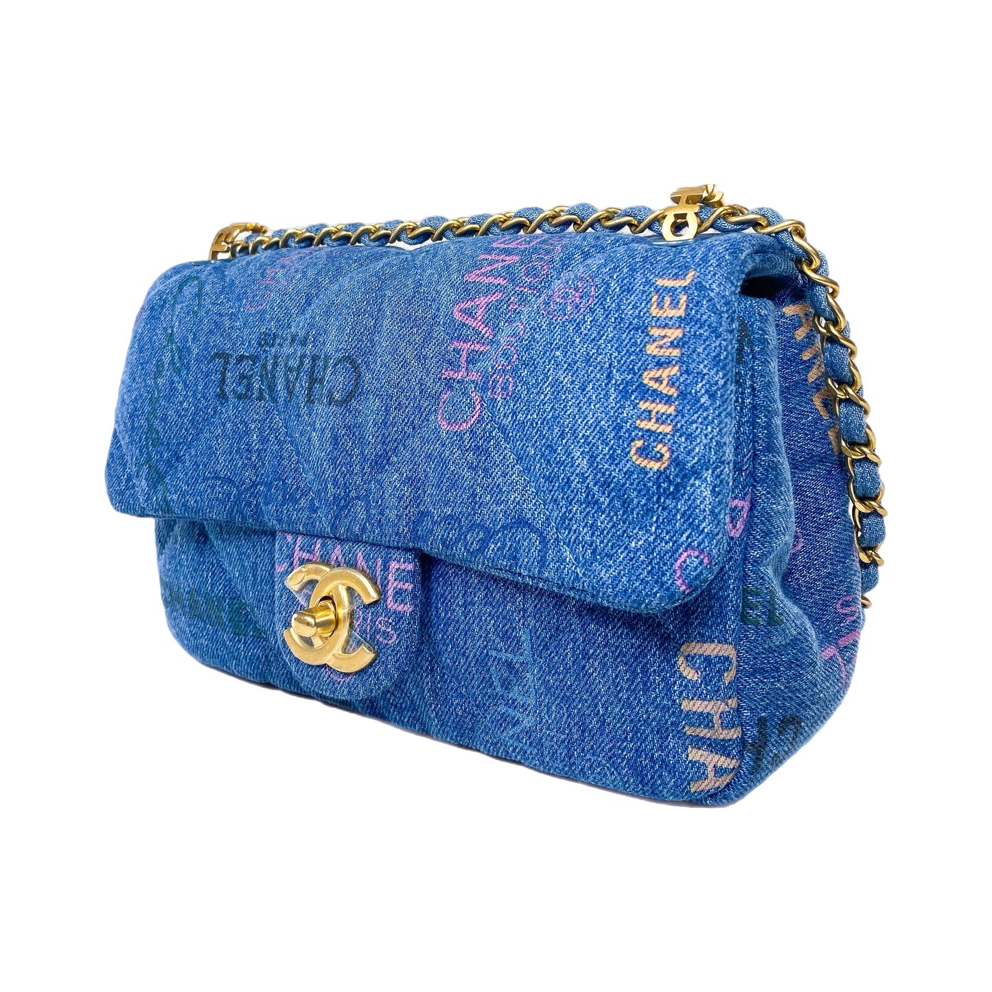 Chanel Logo Printed Denim Mood Rectangular Flap Bag