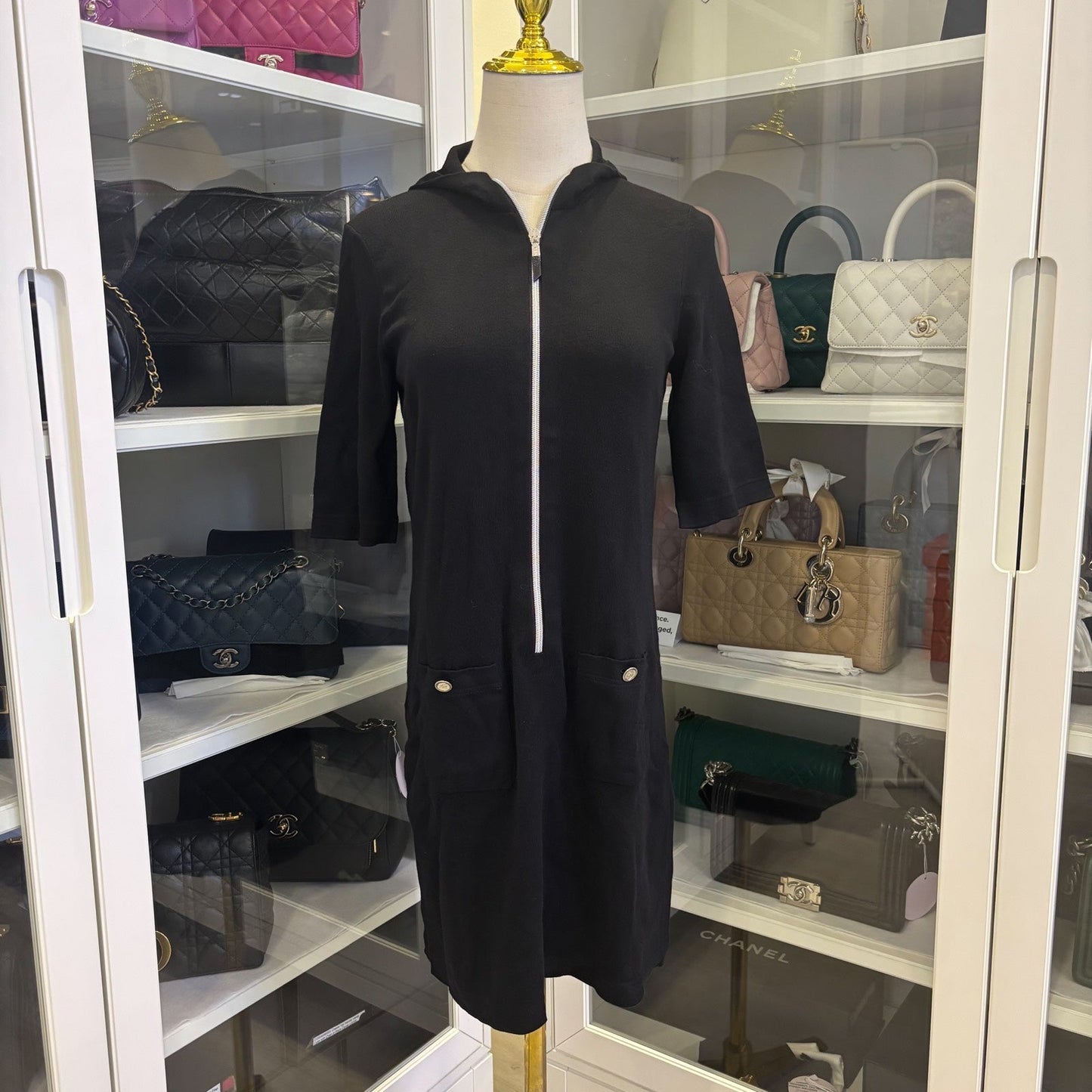 Chanel 25C Zipped Hoodie Dress in Black Cotton and Cashmere Sz 40