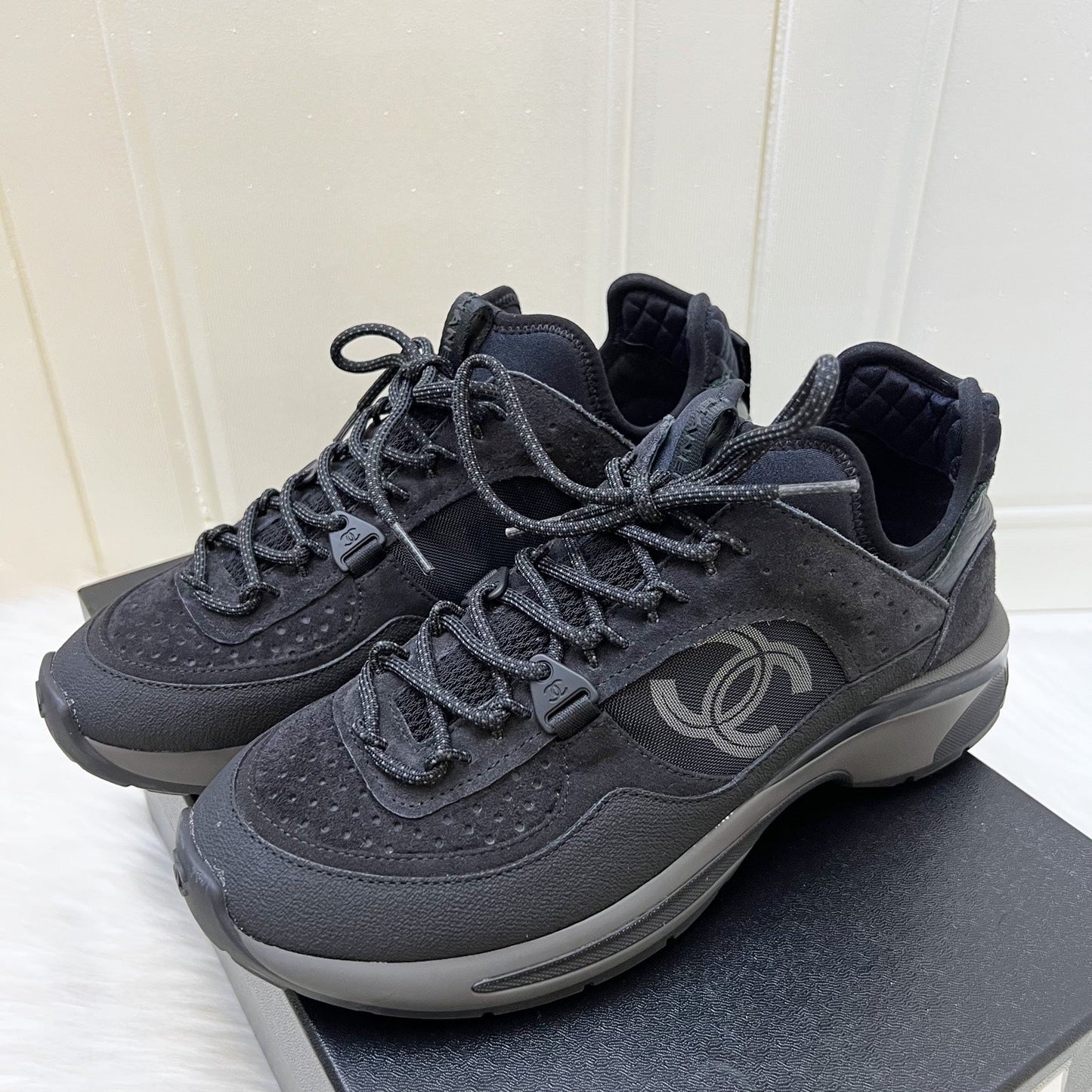 Chanel 23S CC Logo Sneakers in Black Fabric, Suede Calfskin and Mesh Size 37.5